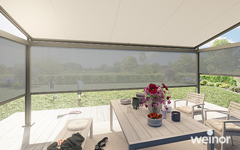 Pergola Markise Plaza Viva mit leicht transparenter Senkrecht-Markise Vertitex II, für zusätzlichen Blend- und Sichtschutz von allen Seiten.